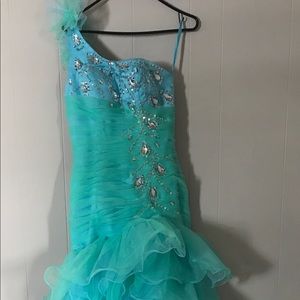Aqua one shoulder mermaid prom dress with sequins